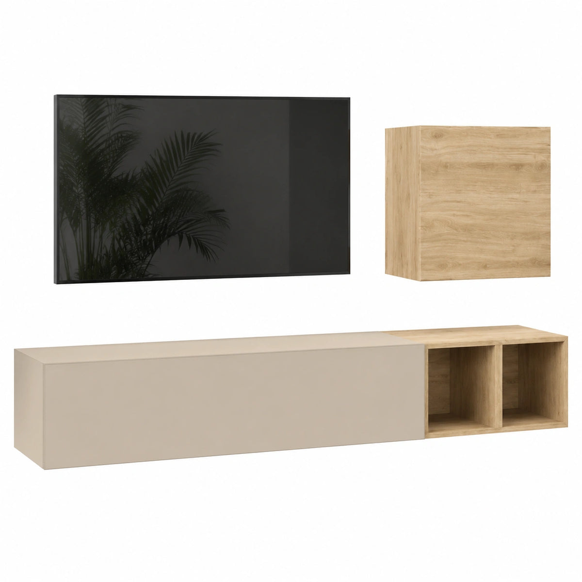 Mobile TV Sospeso Moderno 194x160 cm con Ribalta e Cubi Rovere Beige