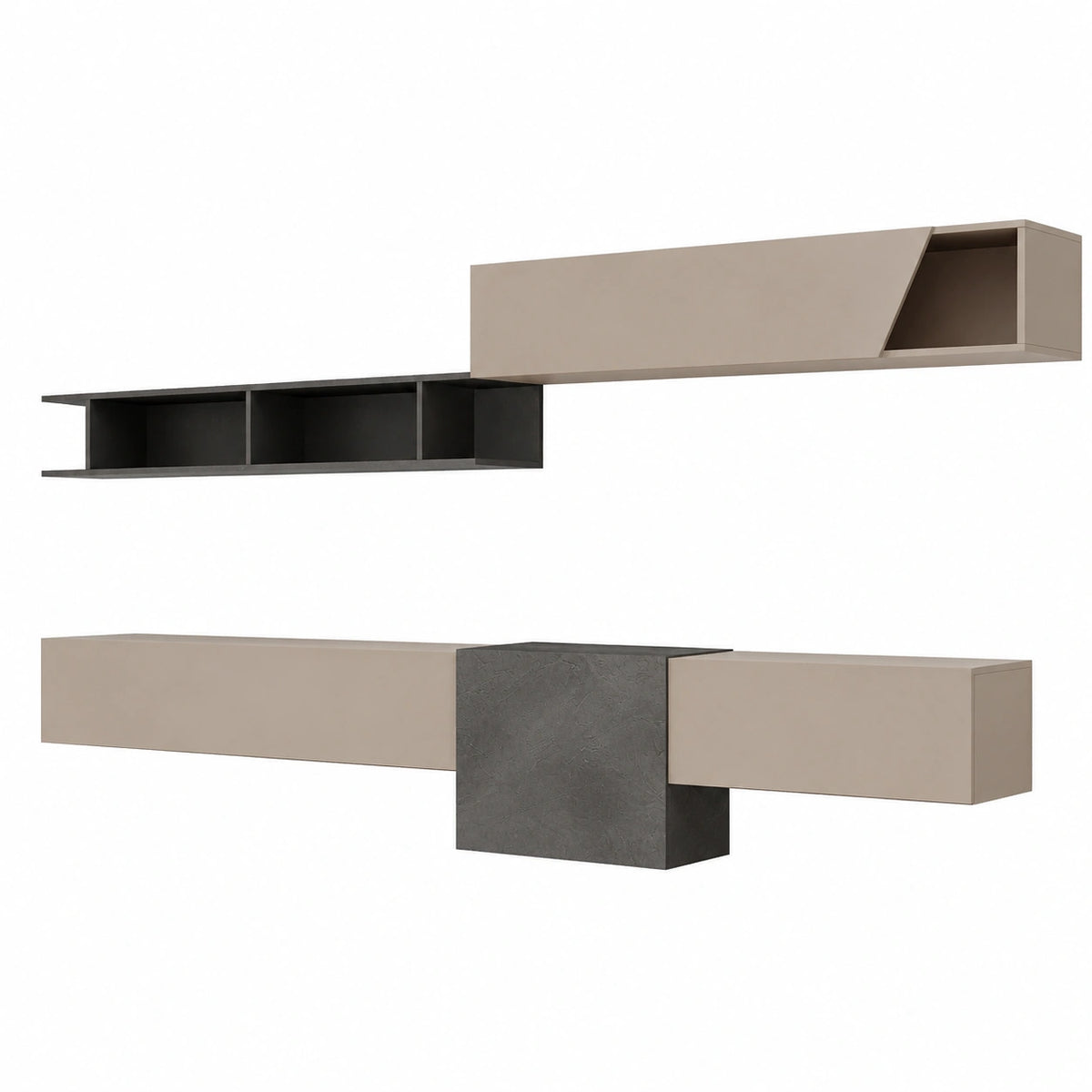 Parete Attrezzata Moderna con Pensili e Porta TV Sospeso, Beige e Piombo