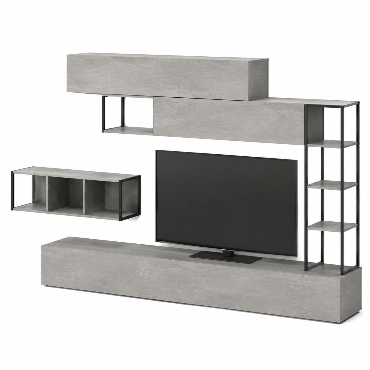 Parete soggiorno moderna con vani aperti e spazio TV, cemento 260x40 cm