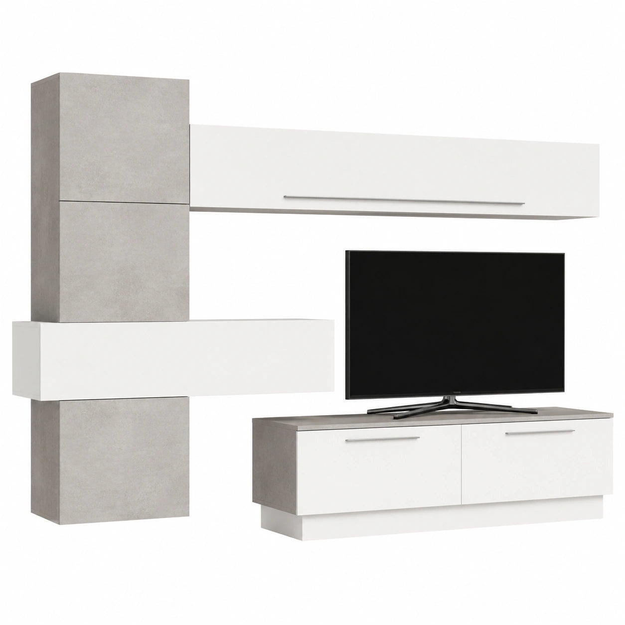 Mobile Soggiorno Moderno con TV a Parete, Bianco Lucido e Beton, 265x200 cm