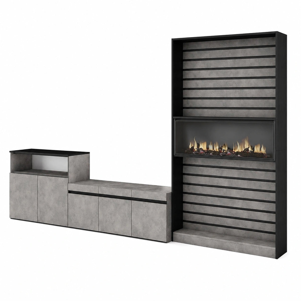 Mobile Soggiorno TV con Camino Elettrico, Stile Moderno, 360x186x35cm, Fino a TV 65", Effetto Cemento