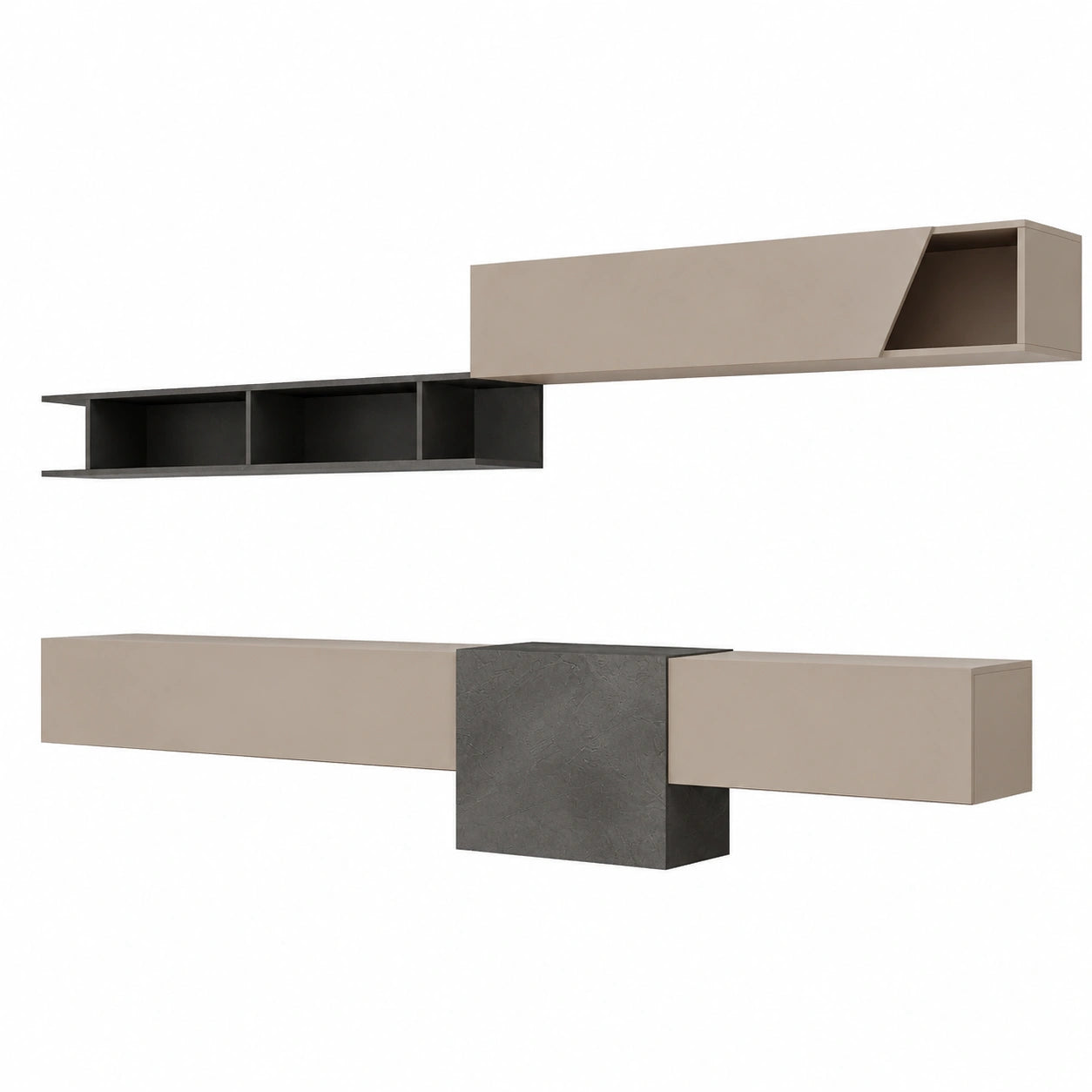 Parete Attrezzata Moderna con Pensili e Porta TV Sospeso, Beige e Piombo