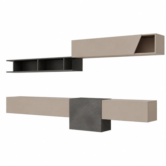 Parete Attrezzata Moderna con Pensili e Porta TV Sospeso, Beige e Piombo