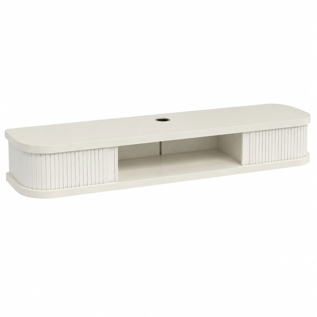 Mobile TV sospeso moderno bianco con ante scorrevoli, centro intrattenimento per dispositivi multimediali, 120 x 23,5 x 16 cm