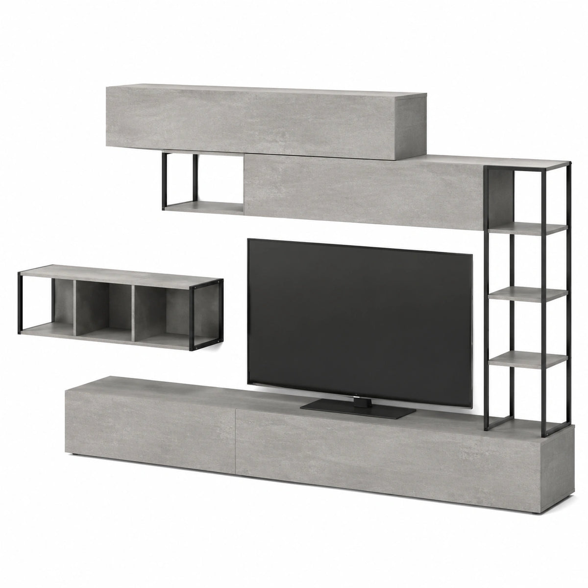 Parete soggiorno moderna con vani aperti e spazio TV, cemento 260x40 cm