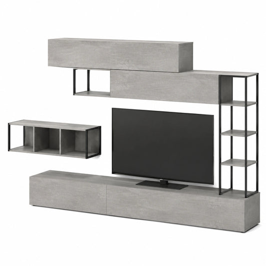 Parete soggiorno moderna con vani aperti e spazio TV, cemento 260x40 cm
