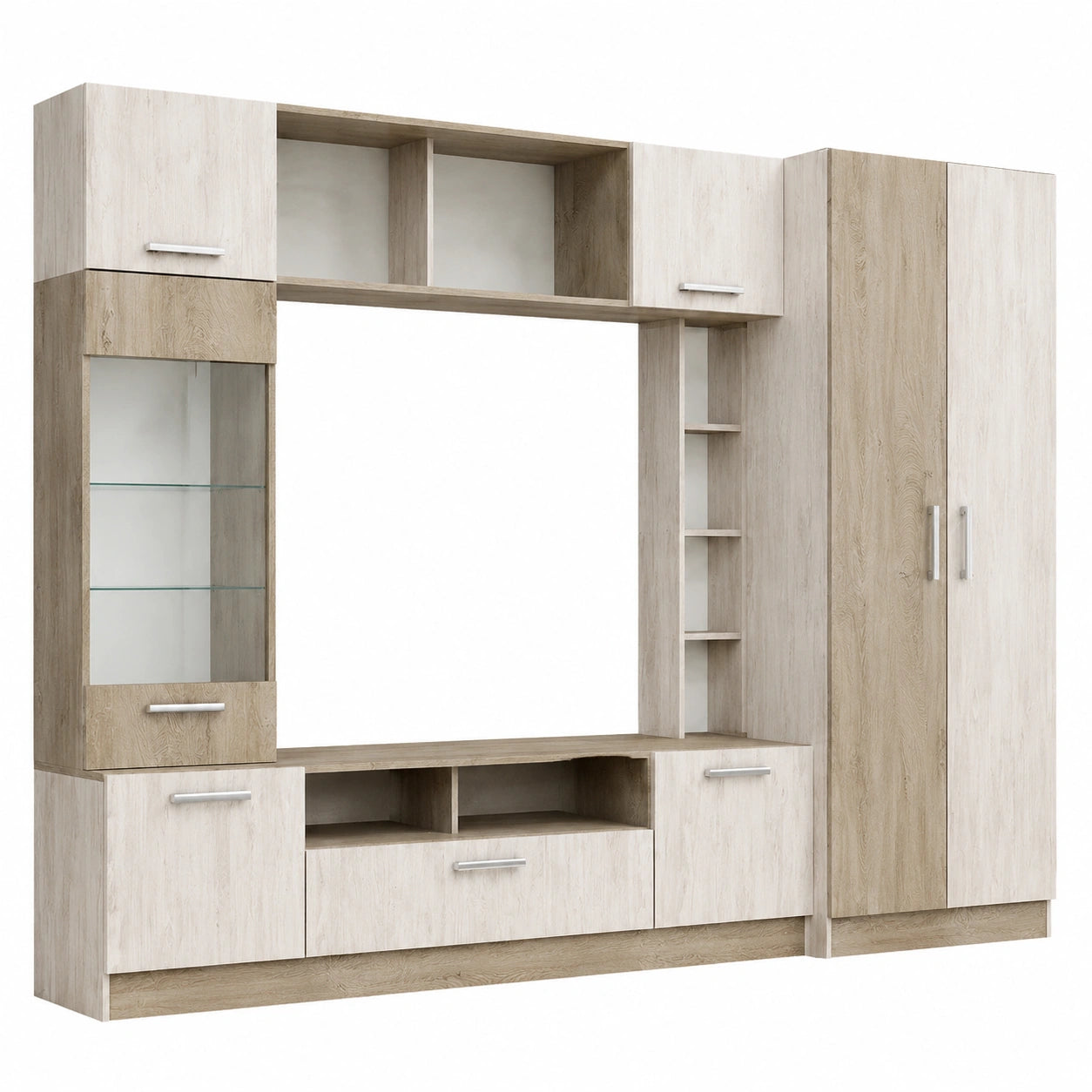 Mobile da Soggiorno Moderno con Vetrina a LED e Cassetto, 8 Scomparti, 6 Ante, 260x190 cm, Rovere Sbiancato/Bianco