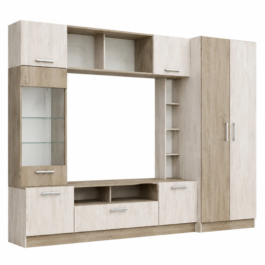 Mobile da Soggiorno Moderno con Vetrina a LED e Cassetto, 8 Scomparti, 6 Ante, 260x190 cm, Rovere Sbiancato/Bianco