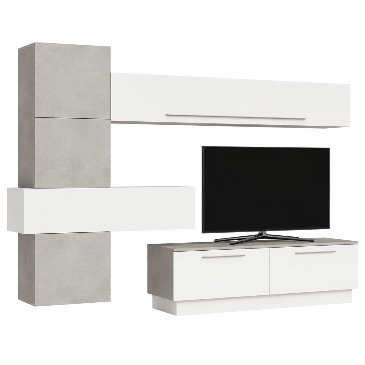 Mobile Soggiorno Moderno con TV a Parete, Bianco Lucido e Beton, 265x200 cm