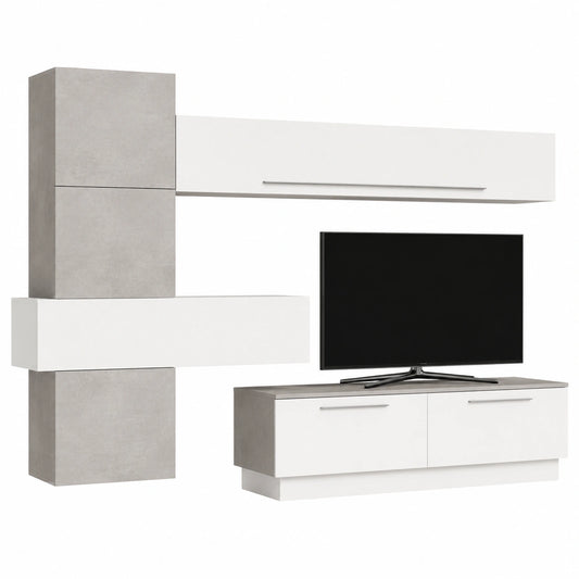 Mobile Soggiorno Moderno con TV a Parete, Bianco Lucido e Beton, 265x200 cm