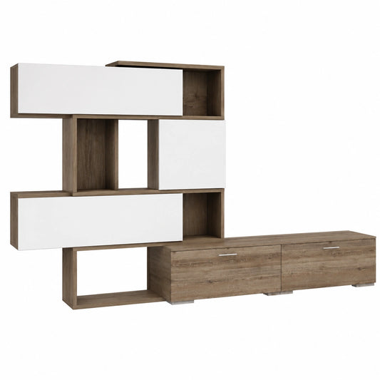 Mobile Soggiorno Moderno con Vano TV e Ante in Noce, 187x48x293 cm