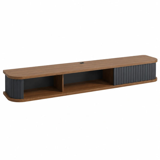 Mobile TV moderno sospeso con ante scorrevoli e gestione cavi, colore marrone, dimensioni 140x23,5x16 cm