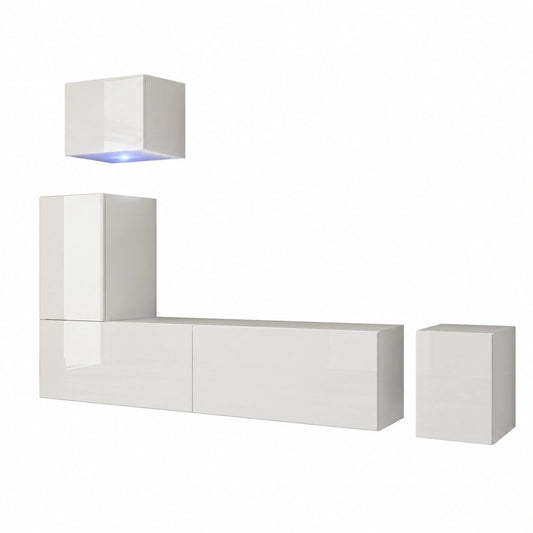 Mobile TV moderno Furnitech AN15 Hemnes, Parete attrezzata soggiorno, Set base porta TV (Senza LED, Bianco lucido)