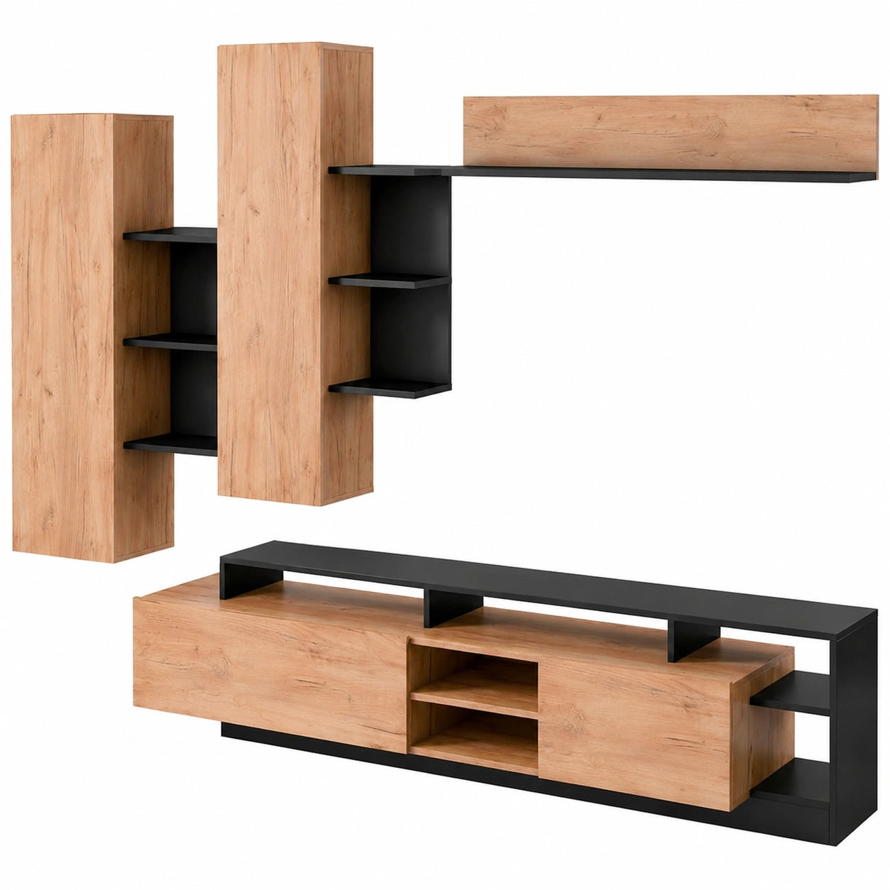 Mobile da Soggiorno Moderno con Porta TV e Mensole Sospese, Design Contemporaneo, Rovere e Antracite, 255x44x120 cm