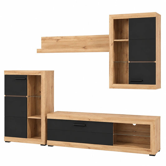 Parete Soggiorno Moderna in Legno Laminato Quercia e Nero, 267x186x42 cm